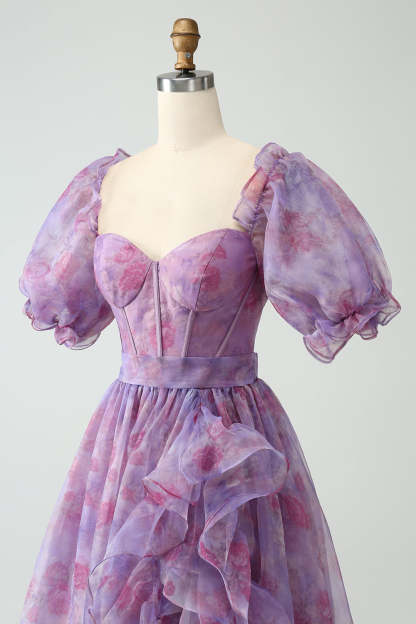 Modecrush Purple A Line Square Neck Corset Prom Dress With Slit