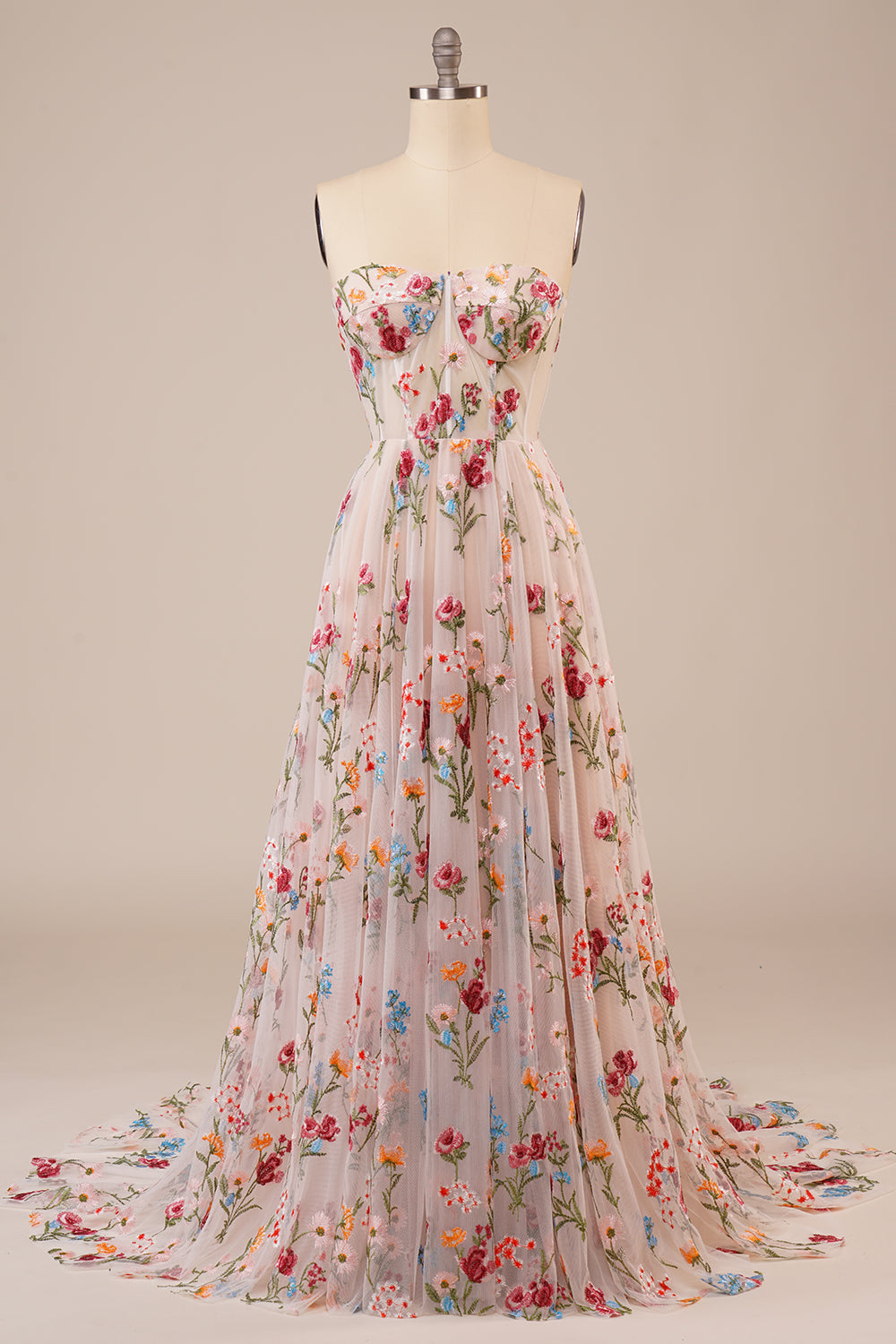 Ivory Tulle Strapless Sweep Train Long Wedding Dress with Embroidery