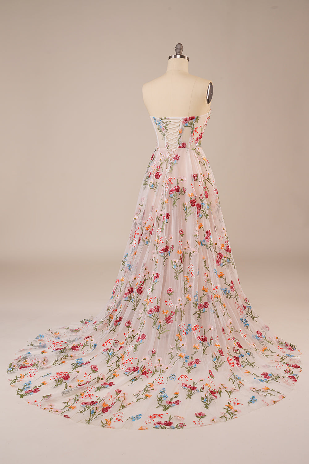 Ivory Tulle Strapless Sweep Train Long Wedding Dress with Embroidery