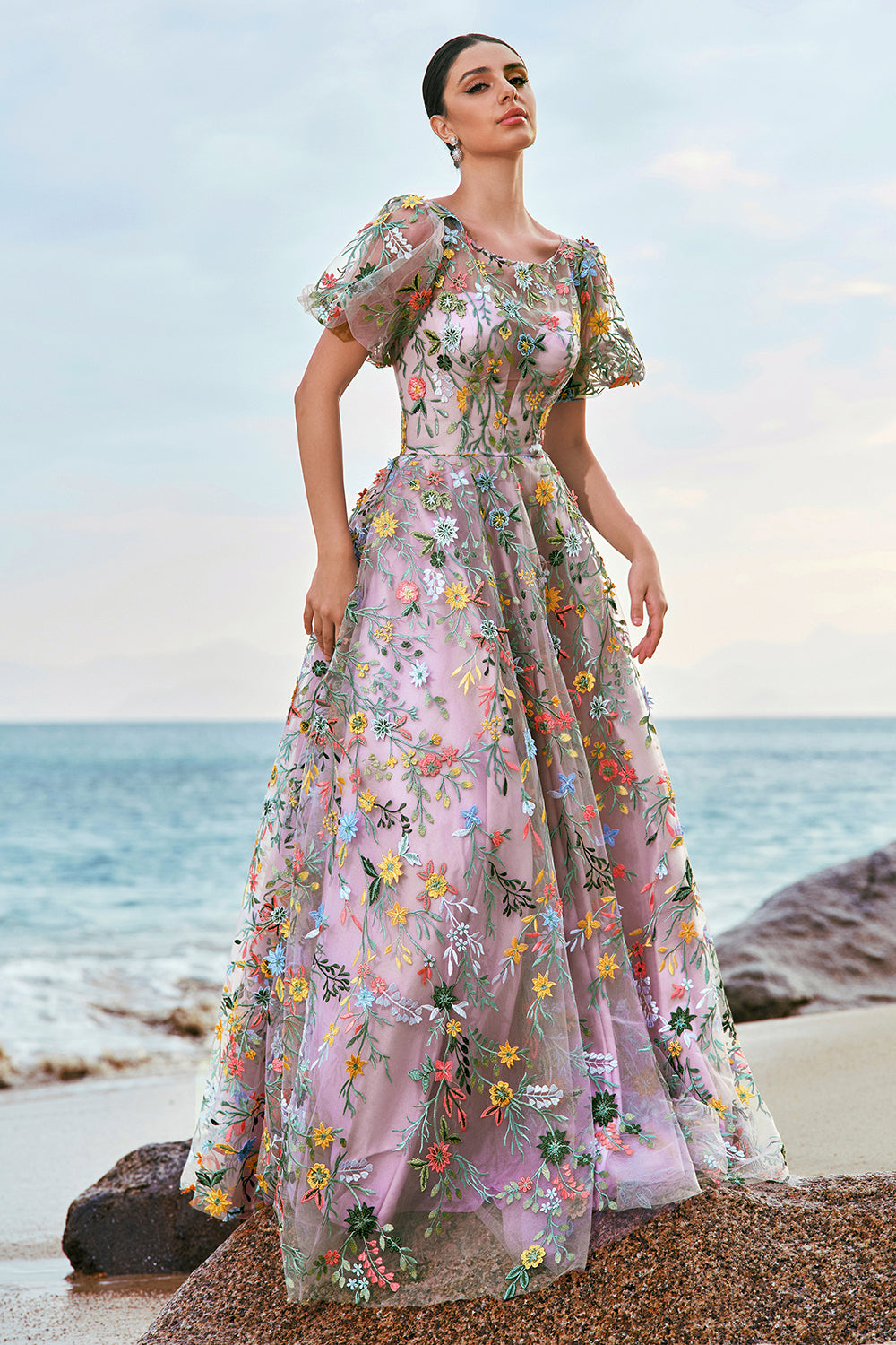 Modecrush Mauve Ball-Gown/Princess Long Embroidered Prom Dress with Short Sleeves