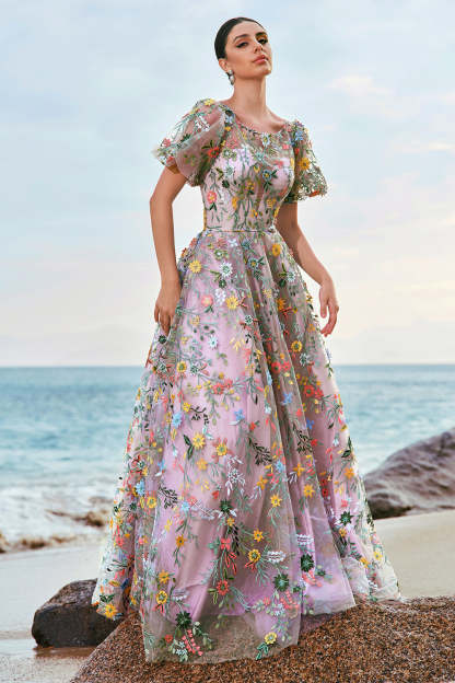 Modecrush Mauve Ball-Gown/Princess Long Embroidered Prom Dress with Short Sleeves