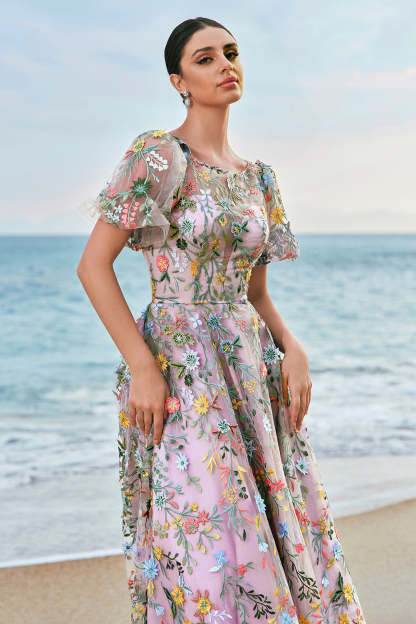 Modecrush Mauve Ball-Gown/Princess Long Embroidered Prom Dress with Short Sleeves