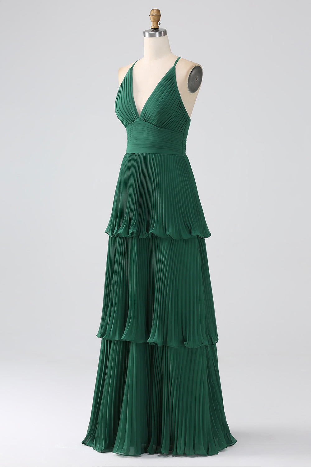 A-Line Dark Green Tiered Chiffon Pleated Formal Dress