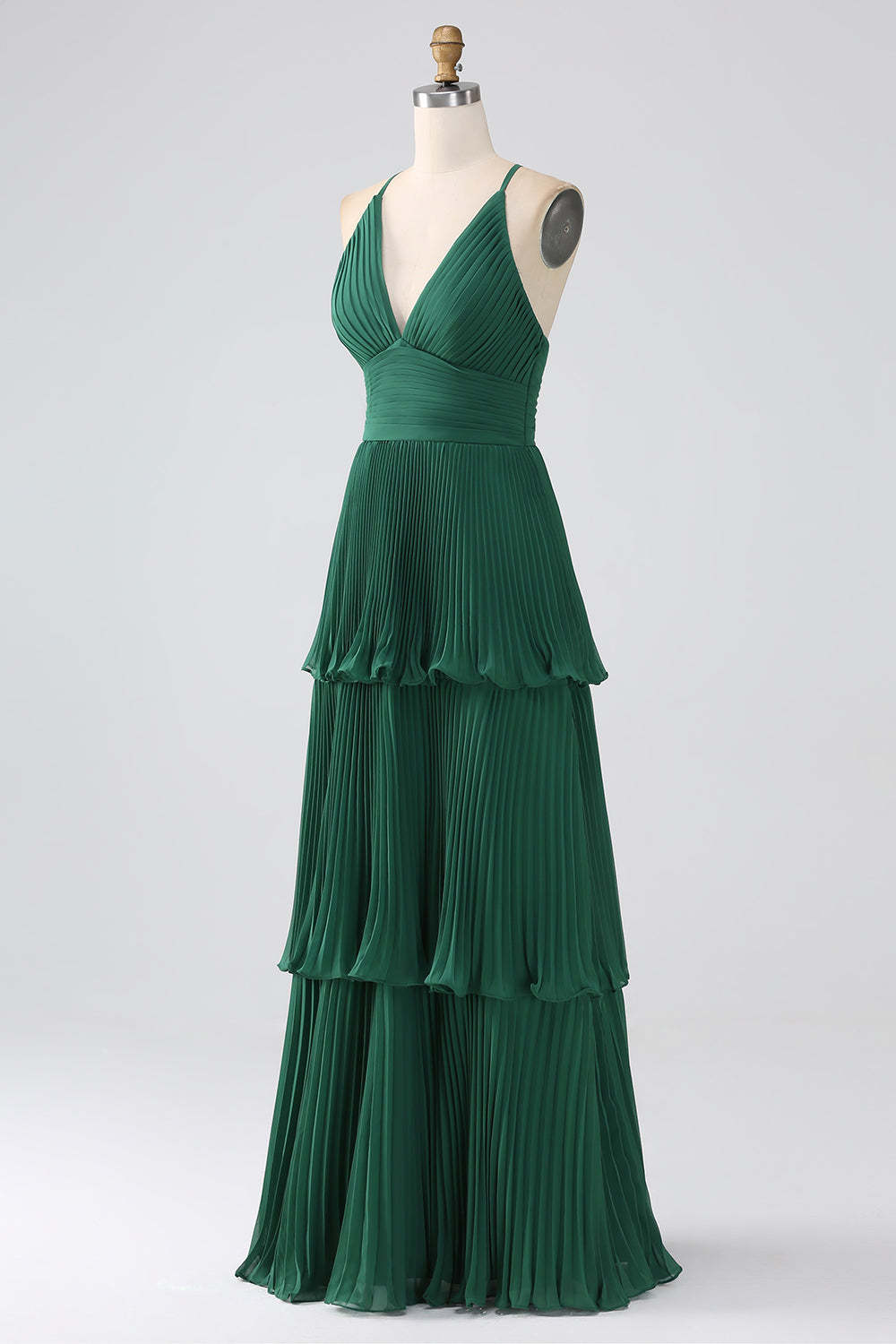 A-Line Dark Green Tiered Chiffon Pleated Formal Dress