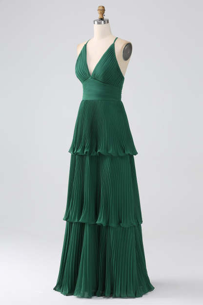 A-Line Dark Green Tiered Chiffon Pleated Formal Dress