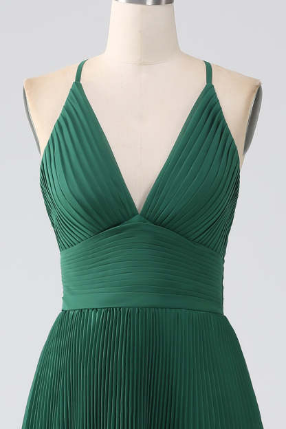 A-Line Dark Green Tiered Chiffon Pleated Formal Dress