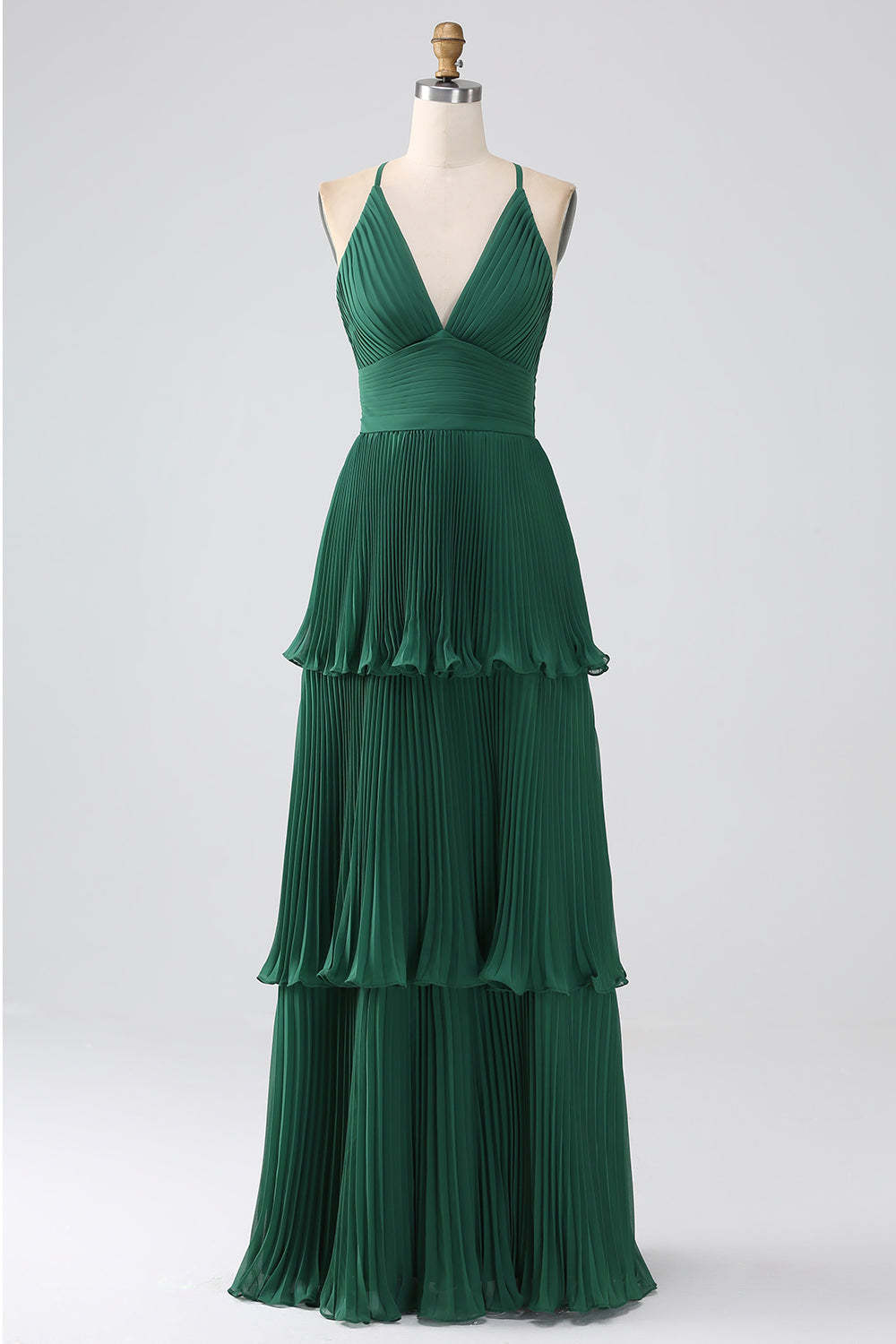A-Line Dark Green Tiered Chiffon Pleated Formal Dress