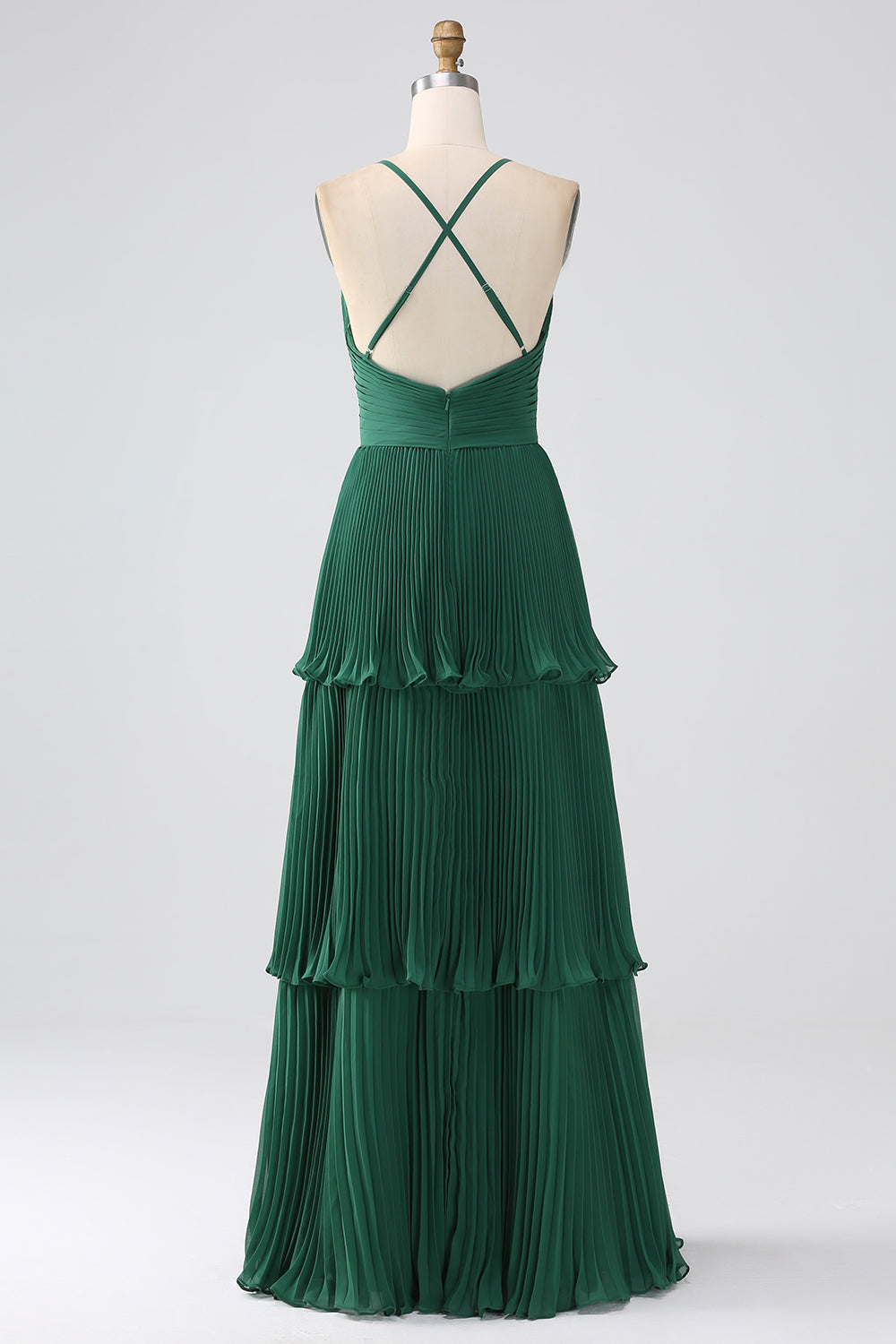 A-Line Dark Green Tiered Chiffon Pleated Formal Dress