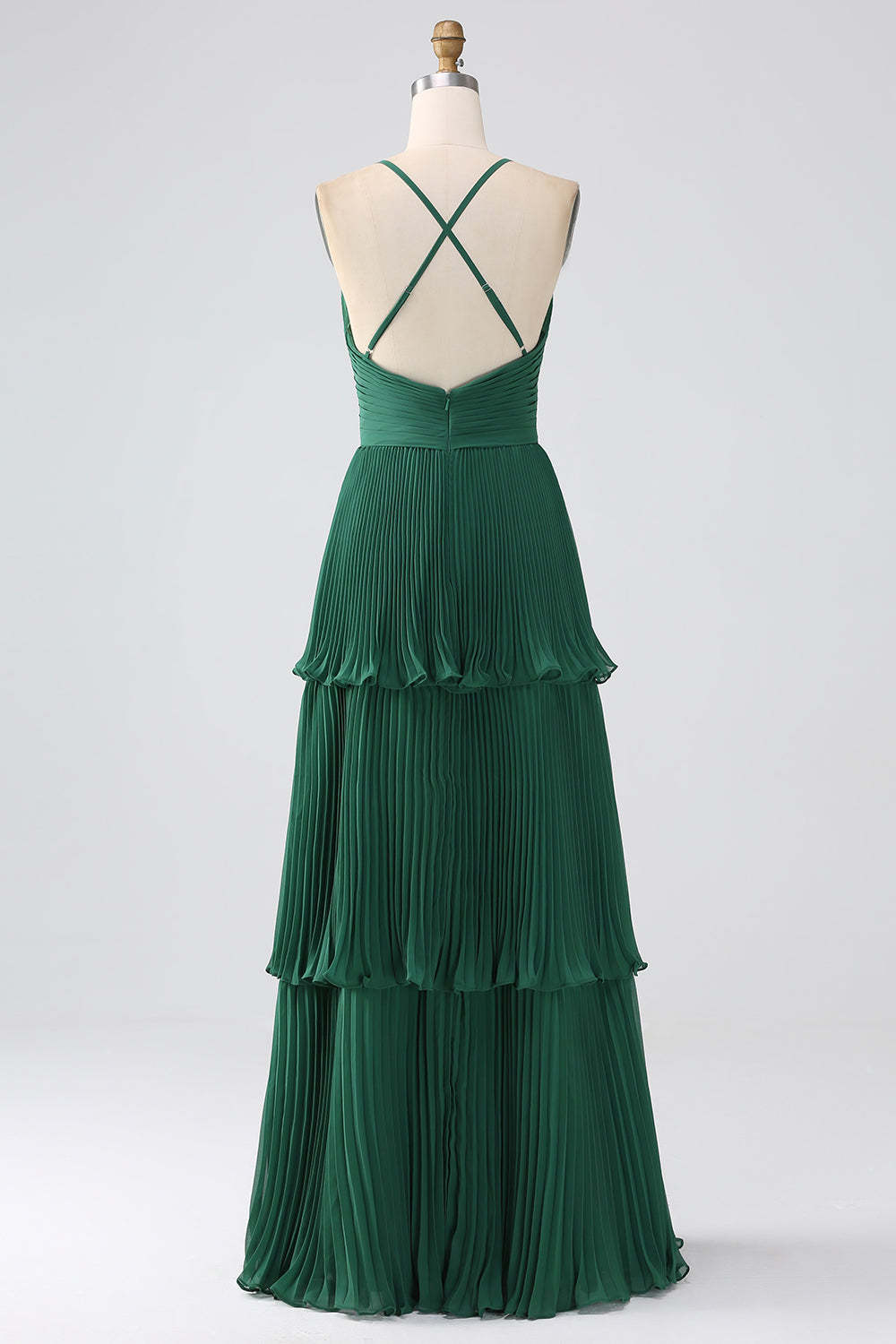 A-Line Dark Green Tiered Chiffon Pleated Formal Dress