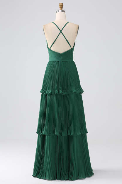 A-Line Dark Green Tiered Chiffon Pleated Formal Dress
