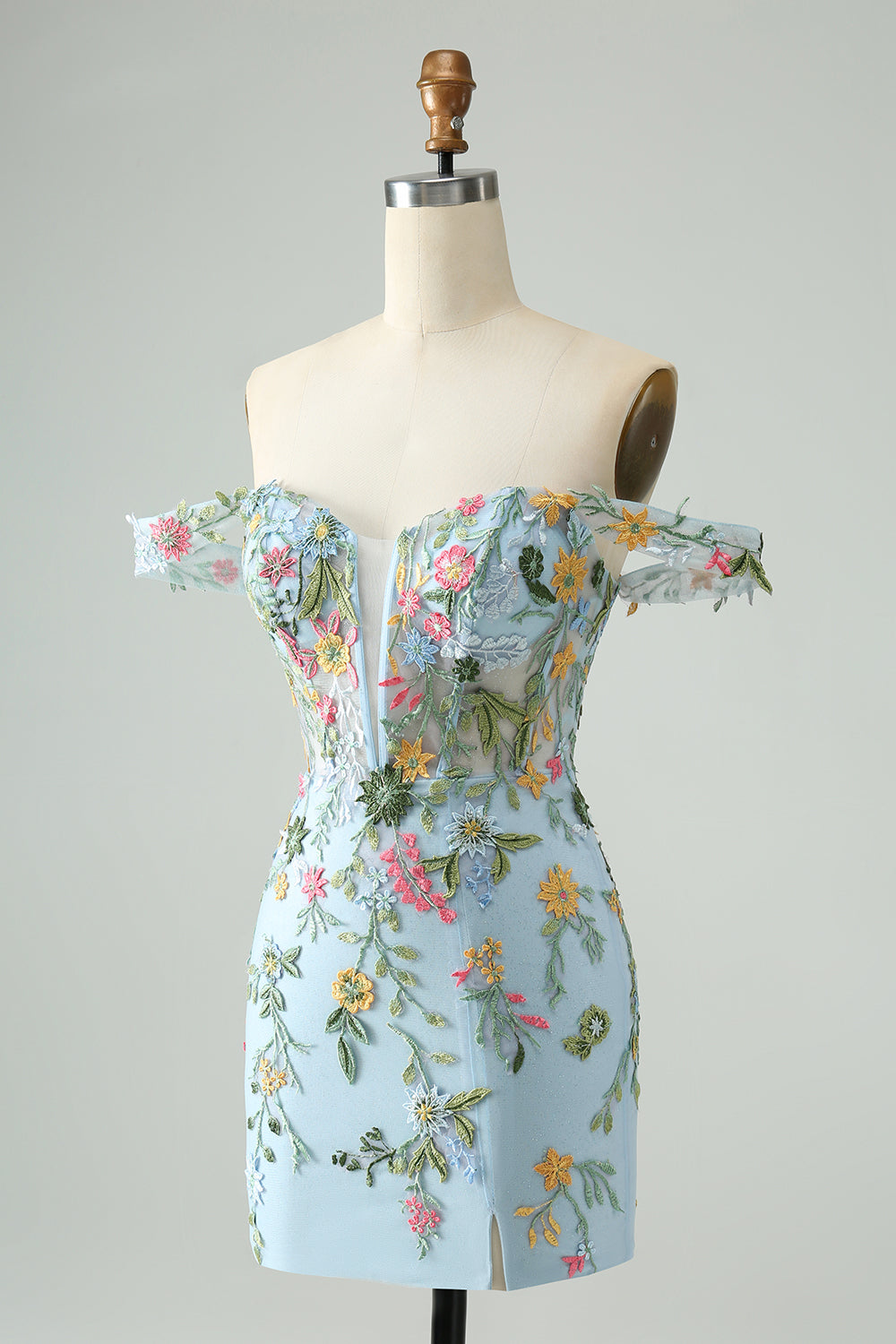 Homecoming Dress: Blue Floral Embroidered Bodycon Mini Dress