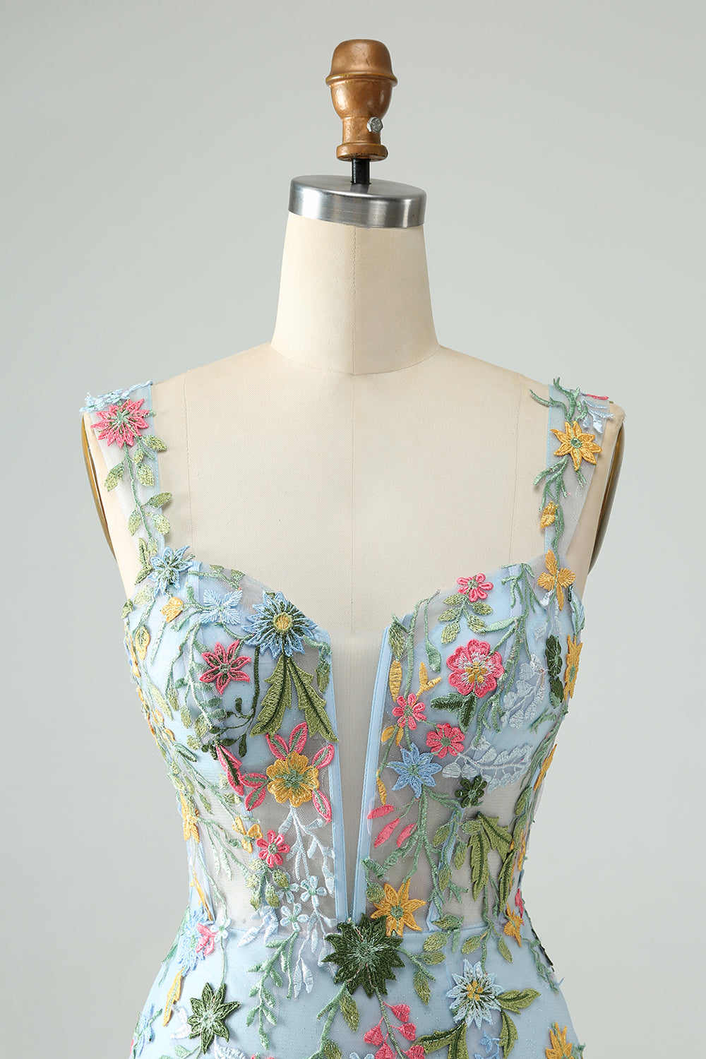 Homecoming Dress: Blue Floral Embroidered Bodycon Mini Dress