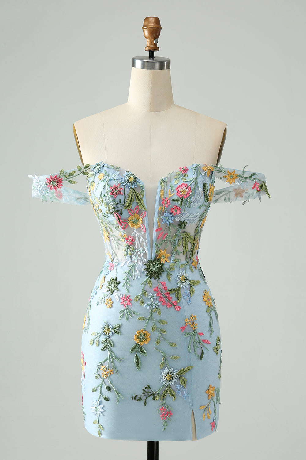 Homecoming Dress: Blue Floral Embroidered Bodycon Mini Dress