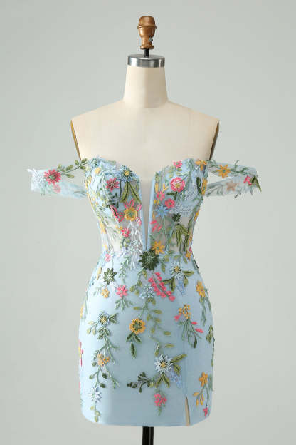 ZAPAKA Women Blue Flower Bodycon Homecoming Dress with Embroidery Off The Shoulder Corset Short Prom Dress