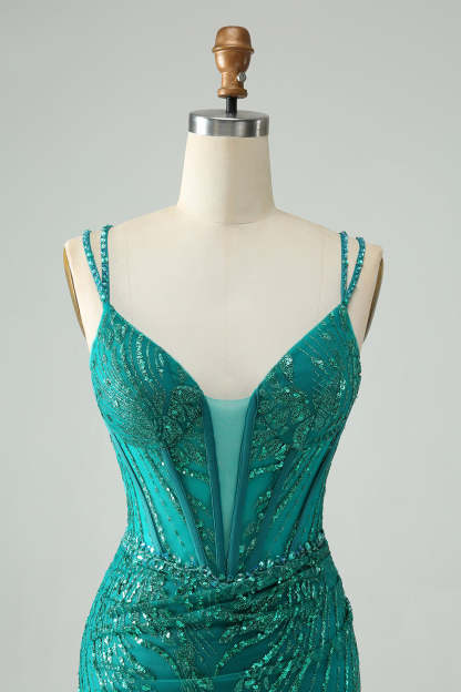 Sequined Sparkly Dark Green Corset Homecoming Dress