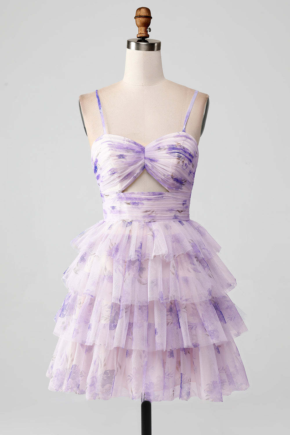 Lavender Flower Short Homecoming Dress A Line Spaghetti Straps Tiered Ruched Cut Out Cocktail Dress