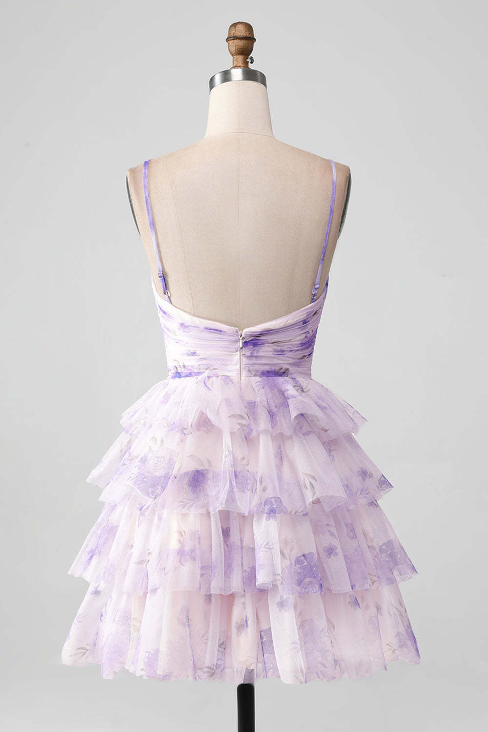 Modecrush Lavender Flower A Line Spaghetti Straps Tiered Pleated Homecoming Dress