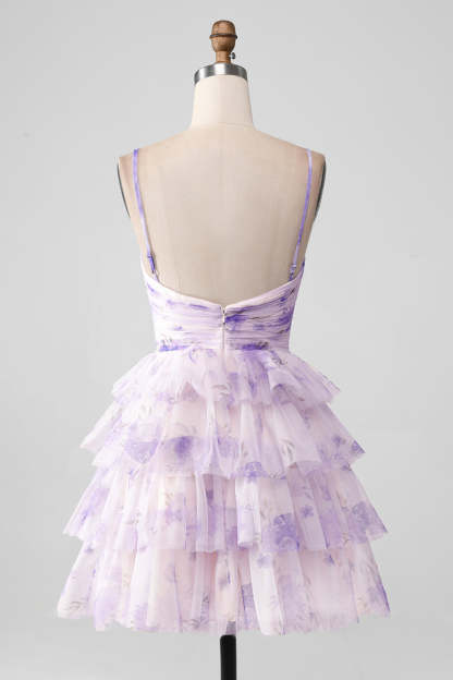 Modecrush Lavender Flower A Line Spaghetti Straps Tiered Pleated Homecoming Dress
