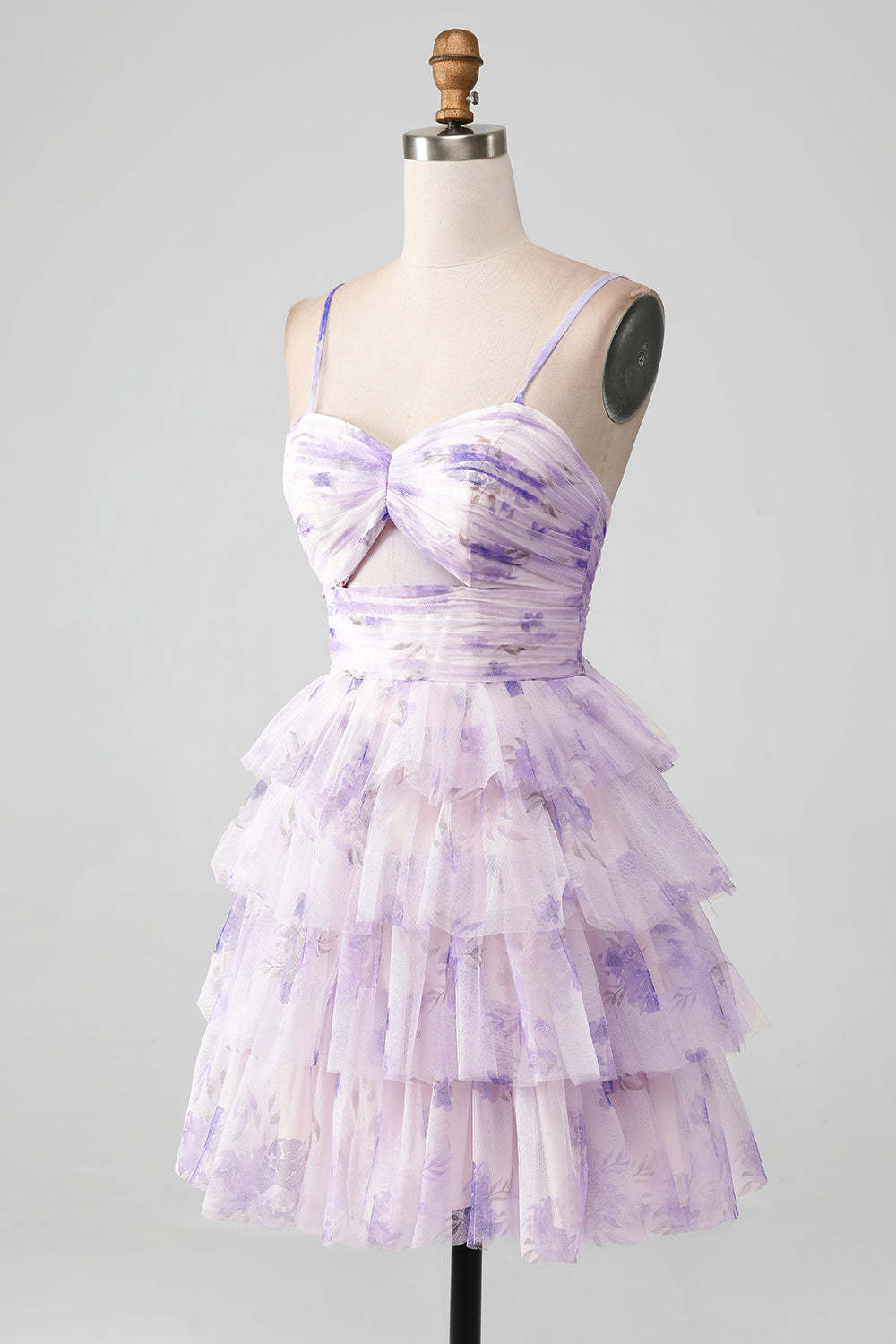 Modecrush Lavender Flower A Line Spaghetti Straps Tiered Pleated Homecoming Dress