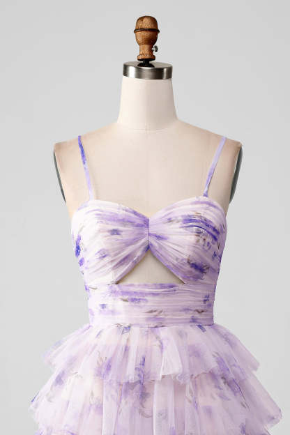 Modecrush Lavender Flower A Line Spaghetti Straps Tiered Pleated Homecoming Dress