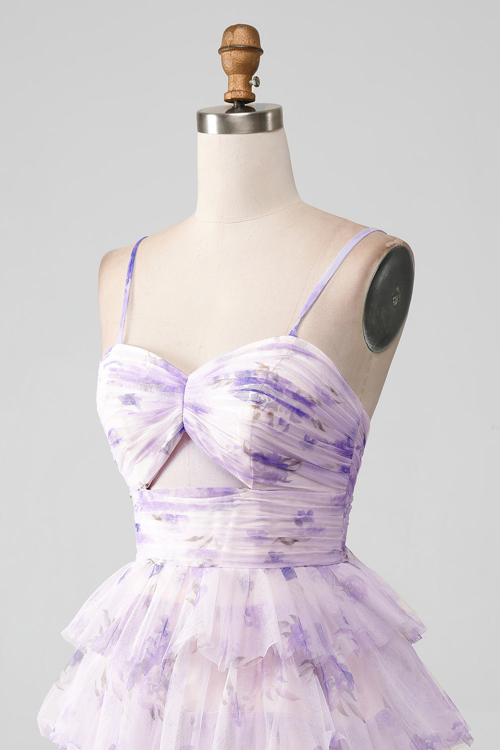 Modecrush Lavender Flower A Line Spaghetti Straps Tiered Pleated Homecoming Dress