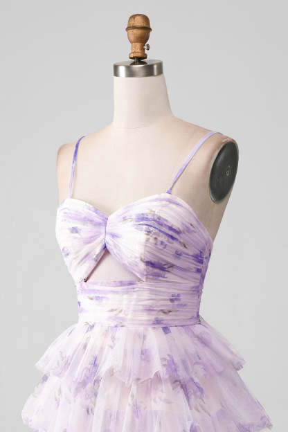 Modecrush Lavender Flower A Line Spaghetti Straps Tiered Pleated Homecoming Dress
