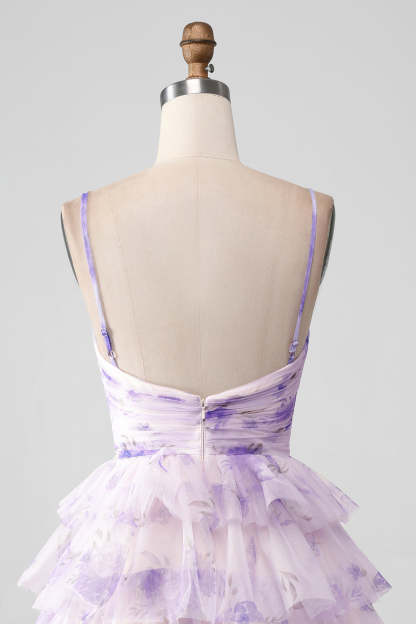 Modecrush Lavender Flower A Line Spaghetti Straps Tiered Pleated Homecoming Dress