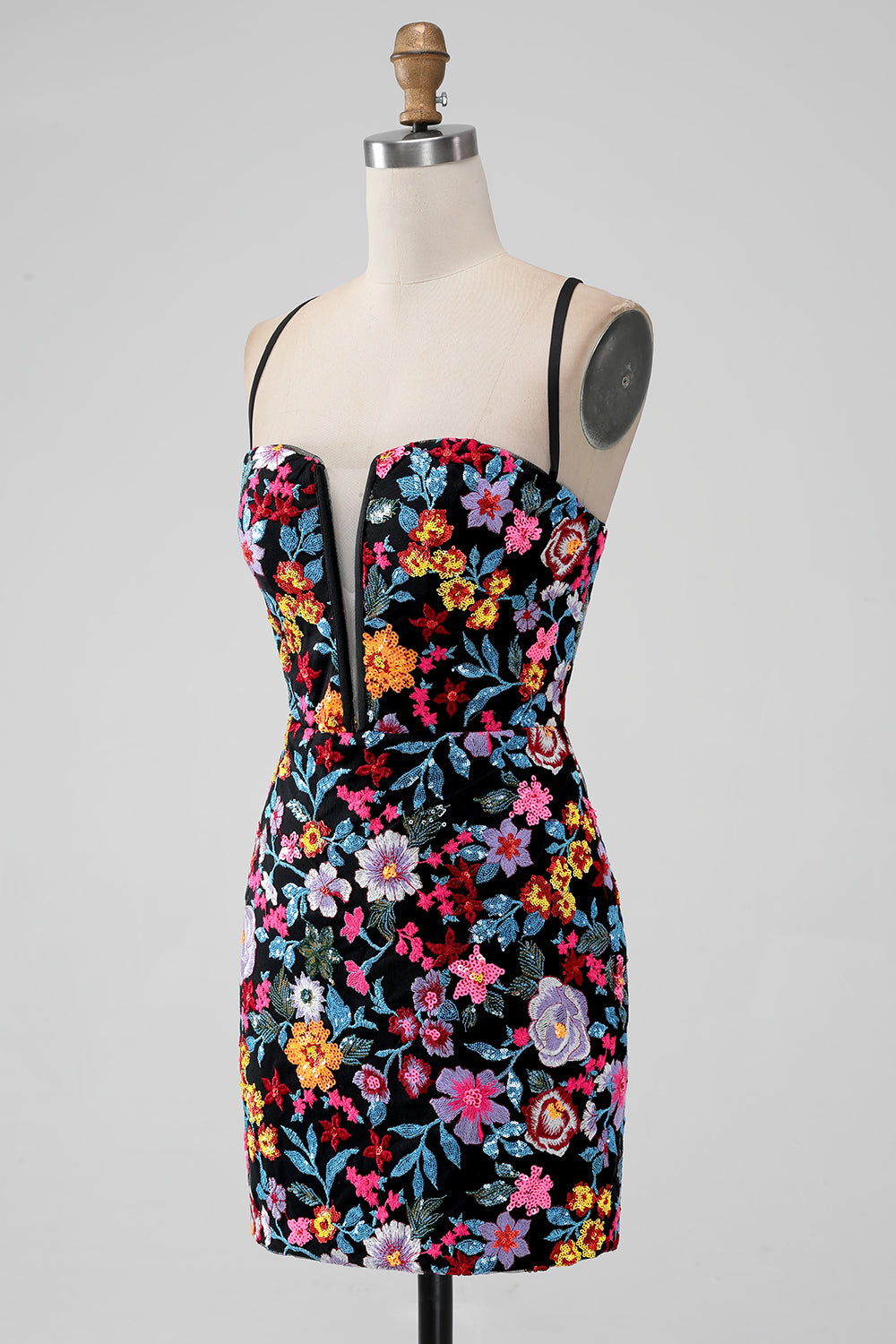 Black Floral Bodycon Dress - V-Neck & Spaghetti Strap Homecoming Mini