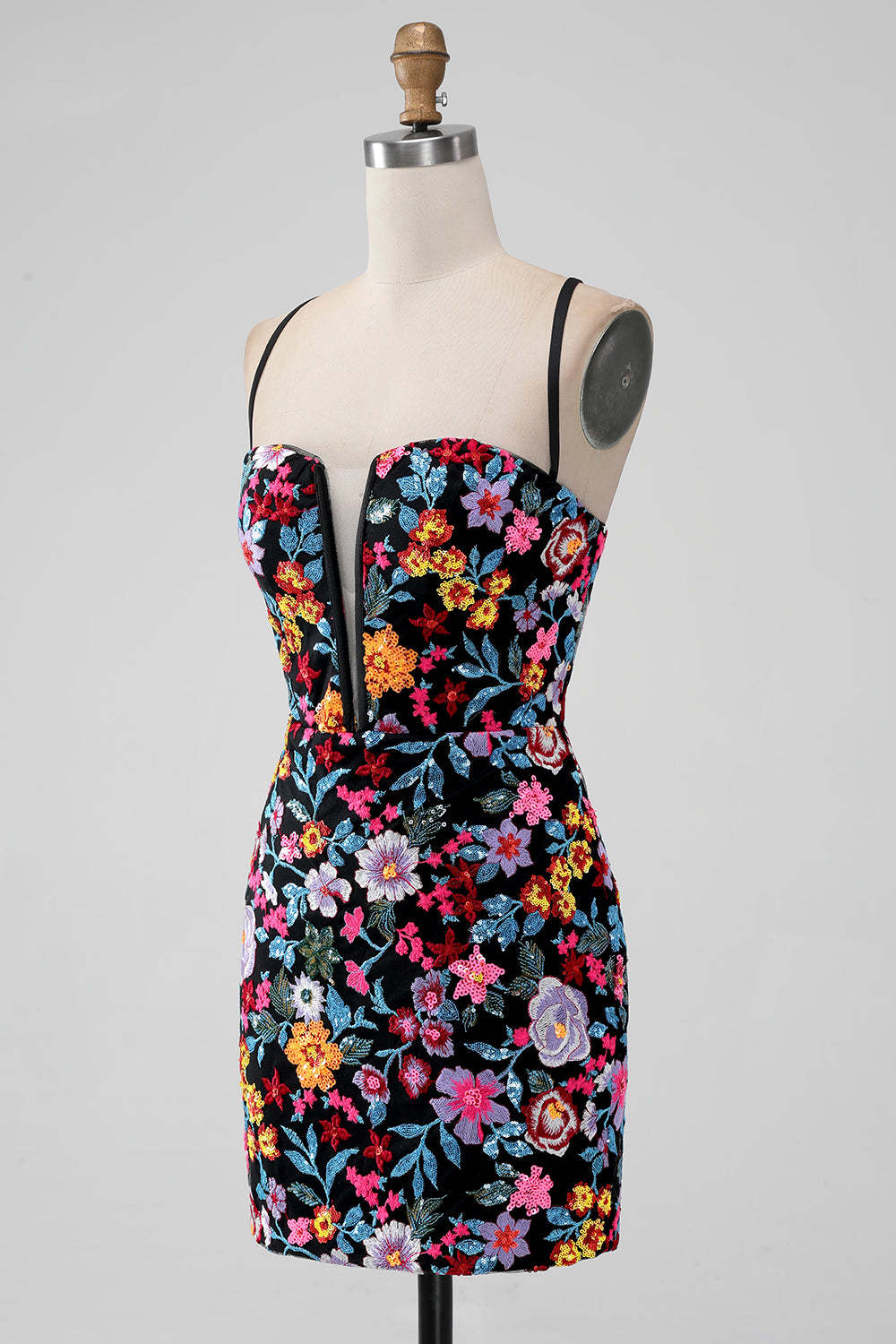 Black Floral Bodycon Dress - V-Neck & Spaghetti Strap Homecoming Mini