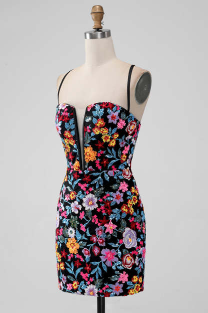 Black Floral Bodycon Dress - V-Neck & Spaghetti Strap Homecoming Mini