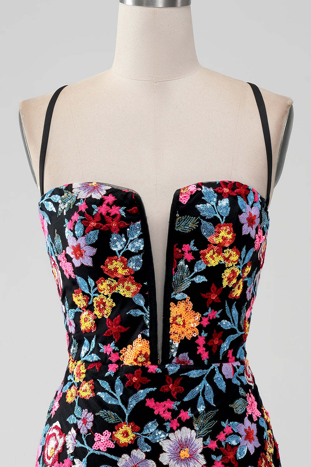 Black Floral Bodycon Dress - V-Neck & Spaghetti Strap Homecoming Mini