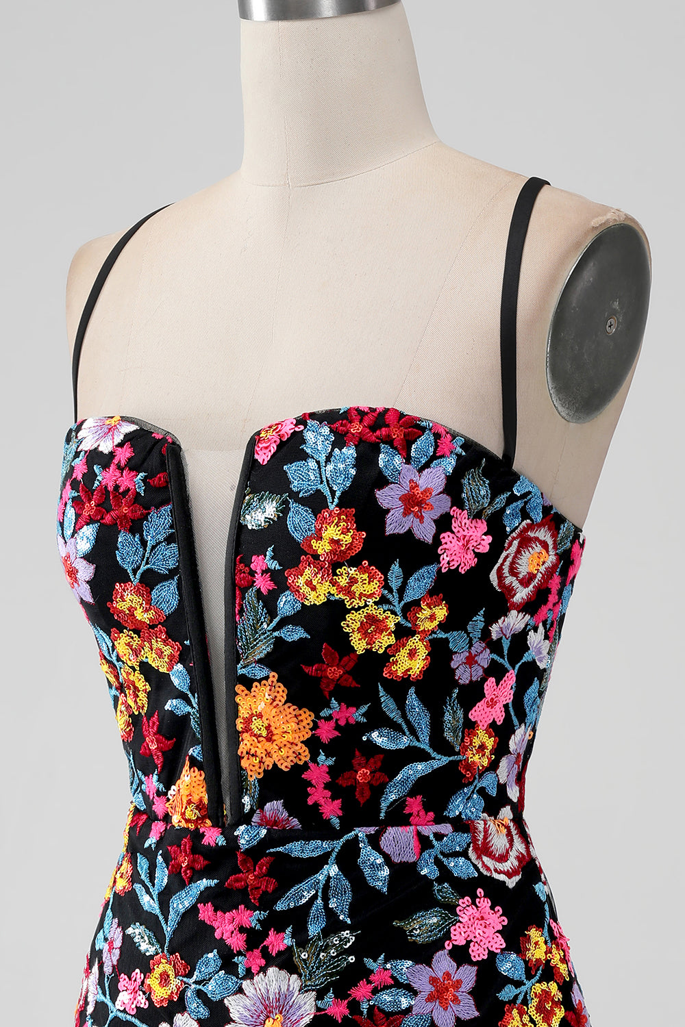 Black Floral Bodycon Dress - V-Neck & Spaghetti Strap Homecoming Mini