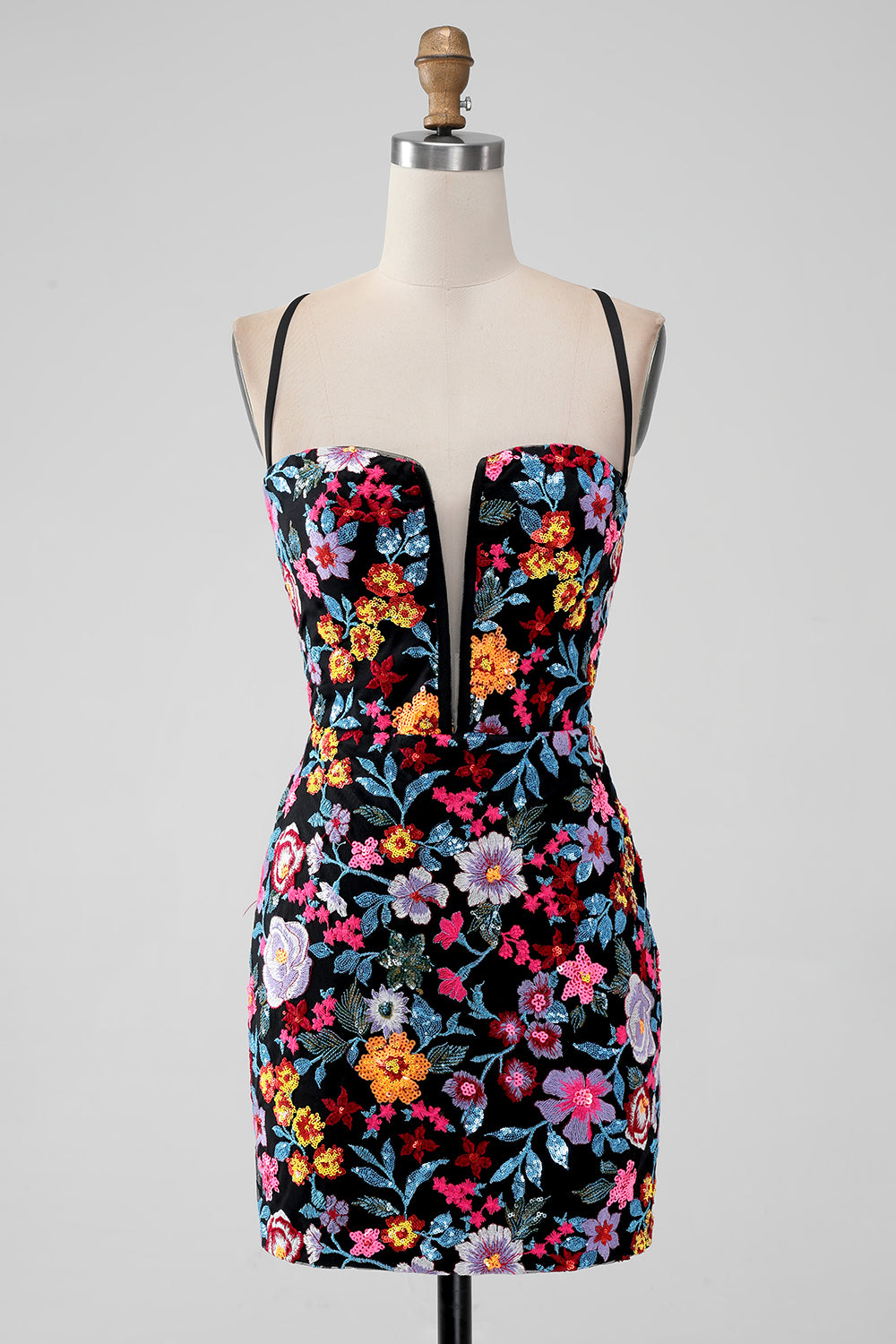 Black Floral Bodycon Dress - V-Neck & Spaghetti Strap Homecoming Mini
