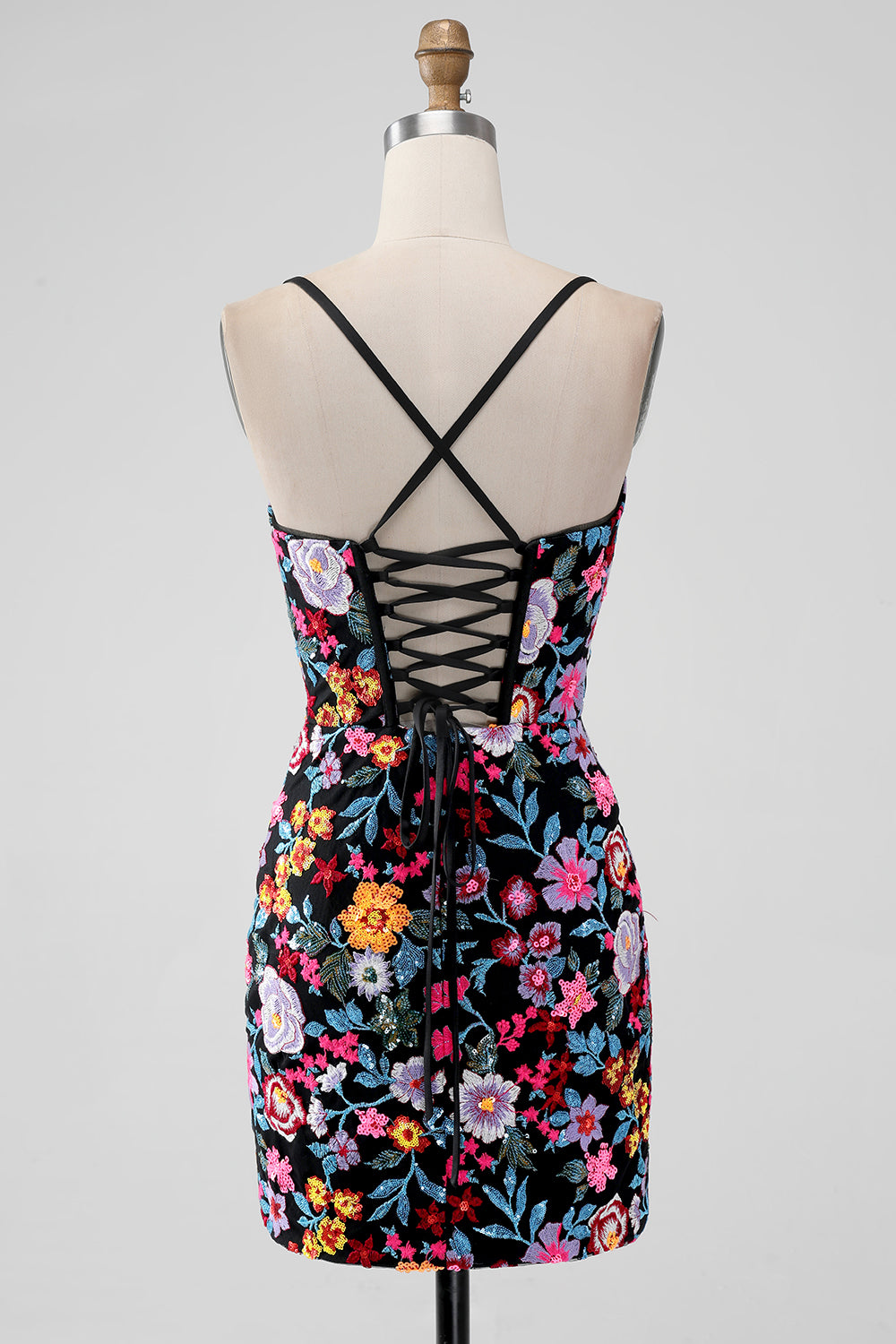 Black Floral Bodycon Dress - V-Neck & Spaghetti Strap Homecoming Mini