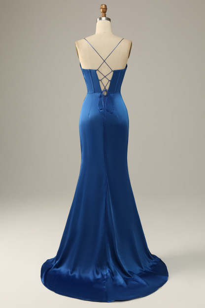 Royal Blue Spaghetti Straps Mermaid Wedding Guest Dress with Slit