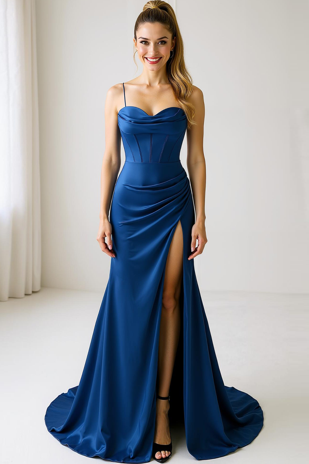Royal Blue Spaghetti Straps Mermaid Wedding Guest Dress with Slit