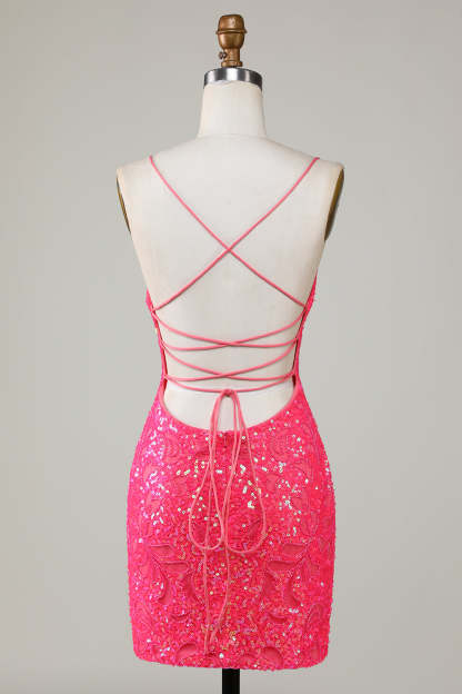 Modecrush Unique Sparkly Fuchsia Beaded Tight Homecoming Dress