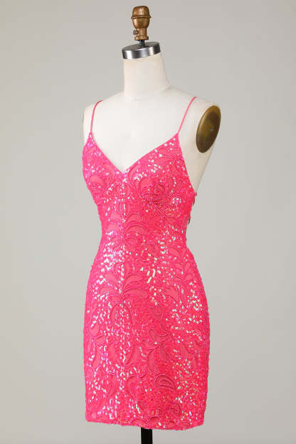 Modecrush Unique Sparkly Fuchsia Beaded Tight Homecoming Dress
