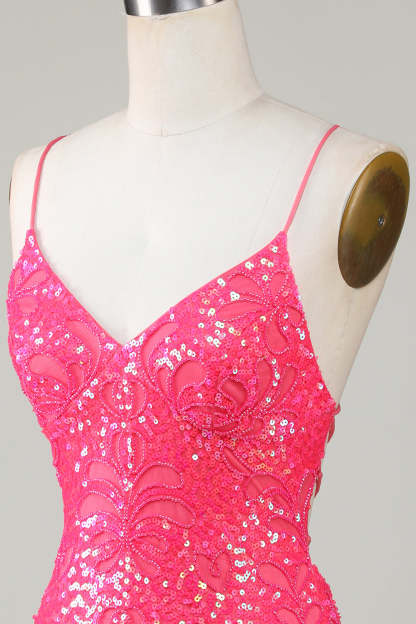 Modecrush Unique Sparkly Fuchsia Beaded Tight Homecoming Dress