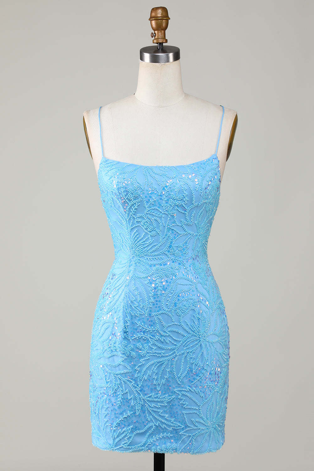 Sparkly Blue Beaded Tight Short Homecoming Dress Spaghetti Straps Lace-Up Back Cocktail Dress