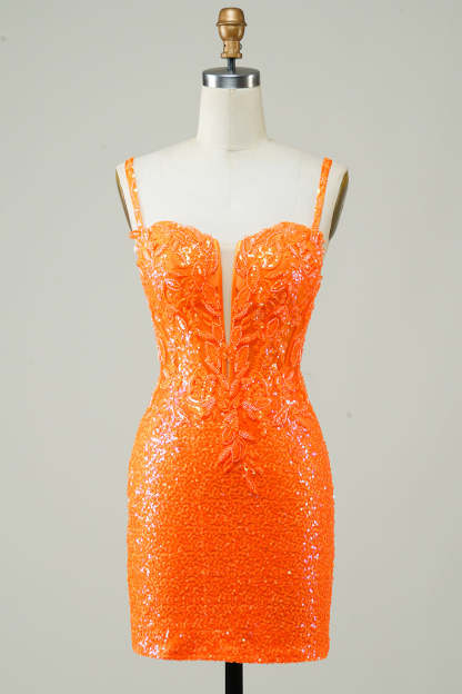 Glitter Orange Tight Sequin Homecoming Dress with Beaded Lace Up Back Spaghetti Straps Cocktail Dress