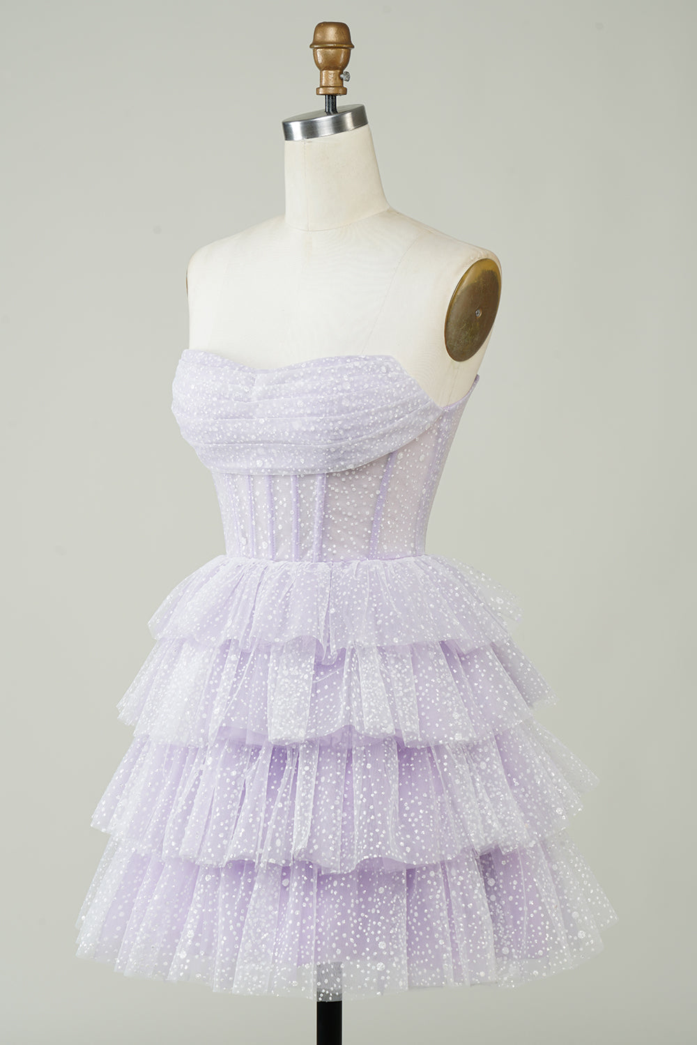 Sparkly Light Purple Strapless Corset Polka Dots Tiered Cute Homecoming Dress