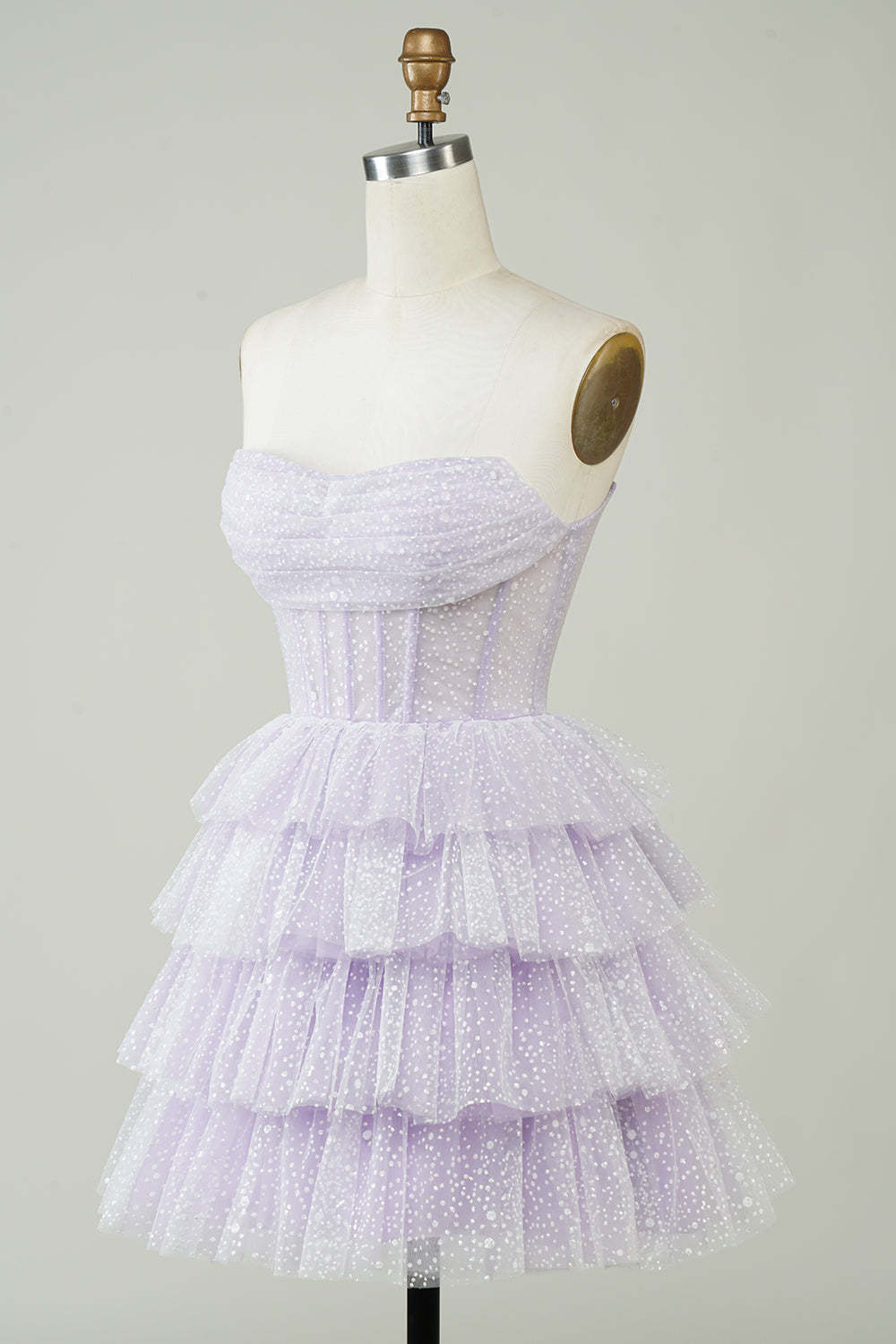 Sparkly Light Purple Strapless Corset Polka Dots Tiered Cute Homecoming Dress
