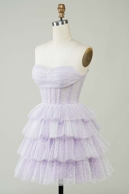 Sparkly Light Purple Strapless Corset Polka Dots Tiered Cute Homecoming Dress