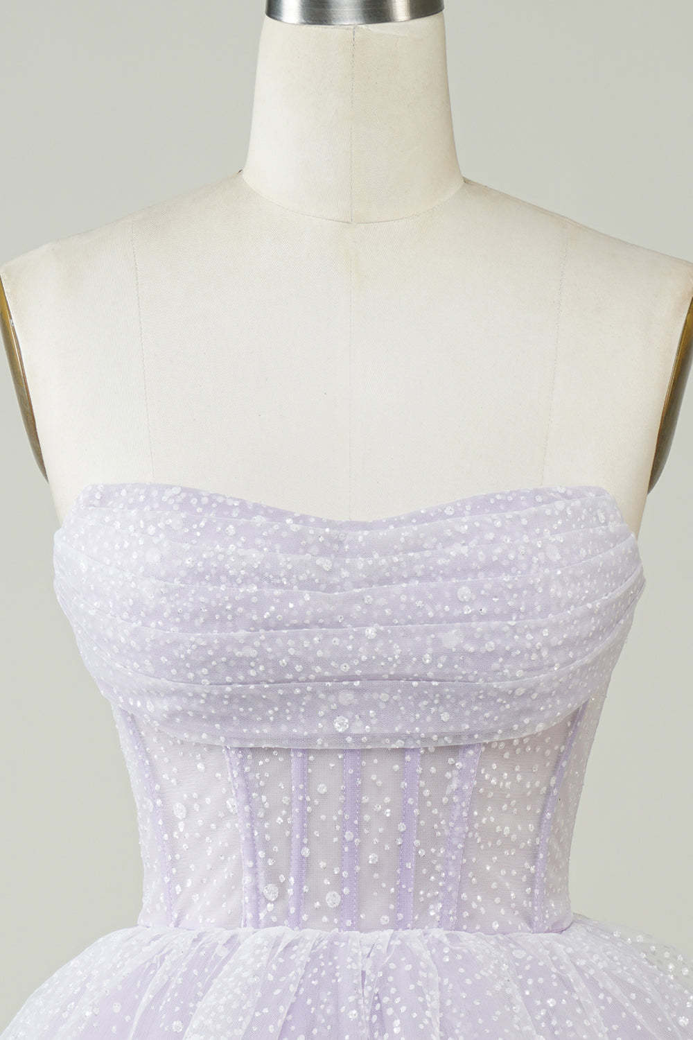Sparkly Light Purple Strapless Corset Polka Dots Tiered Cute Homecoming Dress