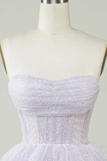 Sparkly Light Purple Strapless Corset Polka Dots Tiered Cute Homecoming Dress