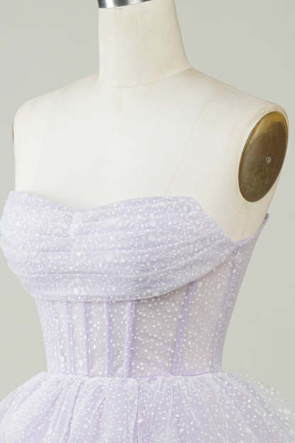 Sparkly Light Purple Strapless Corset Polka Dots Tiered Cute Homecoming Dress