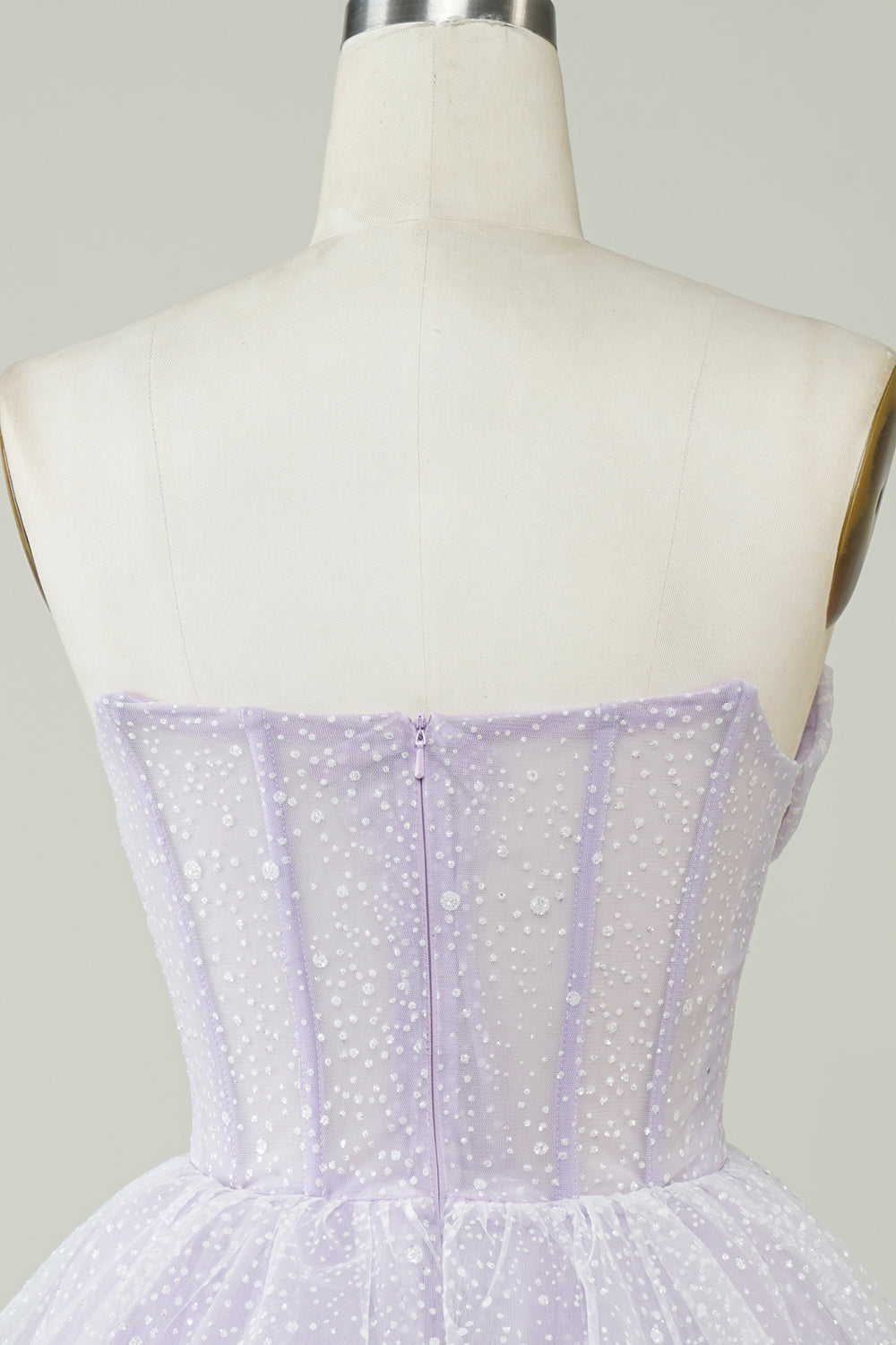 Sparkly Light Purple Strapless Corset Polka Dots Tiered Cute Homecoming Dress