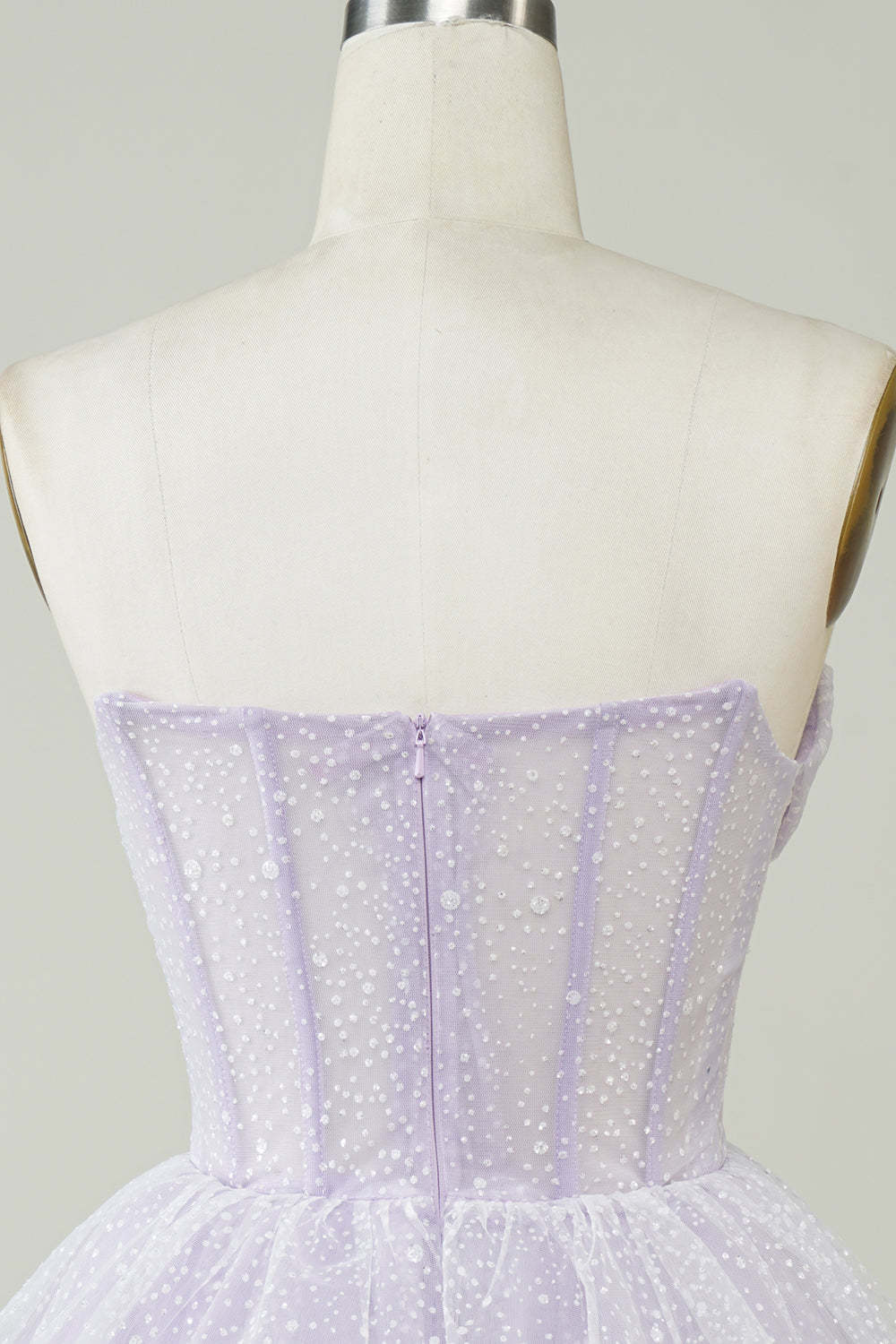 Sparkly Light Purple Strapless Corset Polka Dots Tiered Cute Homecoming Dress