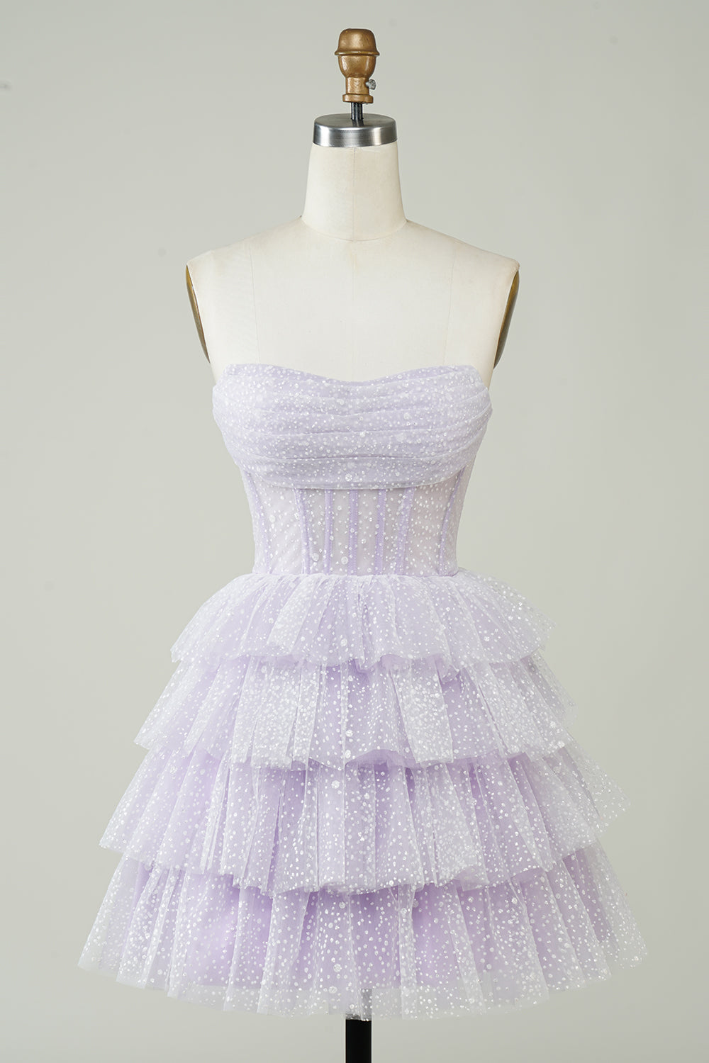 Sparkly Light Purple Strapless Corset Polka Dots Tiered Cute Homecoming Dress